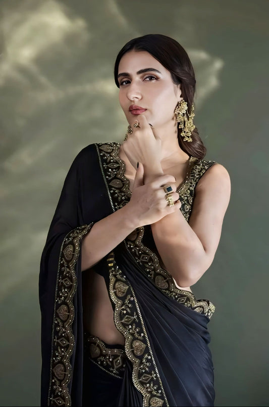Fatima Sana Shaikh inspired black georgette saree set with embroidered detailing silk blouse and satin lycra underskirt