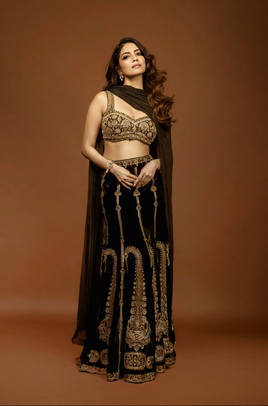 Malavika Mohanan inspired black velvet lehenga set with embroidered detailing net blouse and chiffon dupatta for evening wear