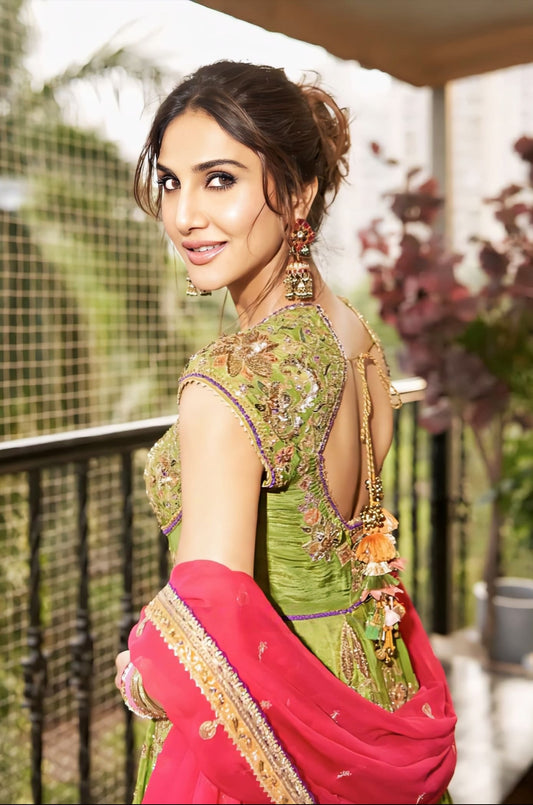 Vaani Kapoor Inspired Green Pink Embroidered Anarkali Set | Zunairah Naureen Designer Outfit