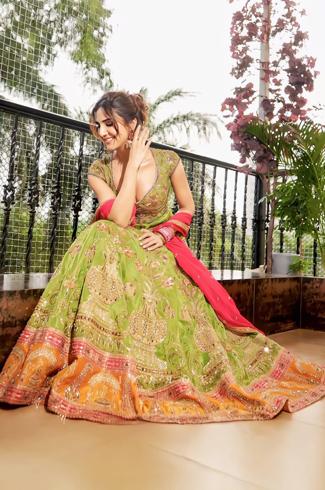 Vaani Kapoor inspired green and pink cotton silk Anarkali set with embroidery and organza dupatta for festive wear