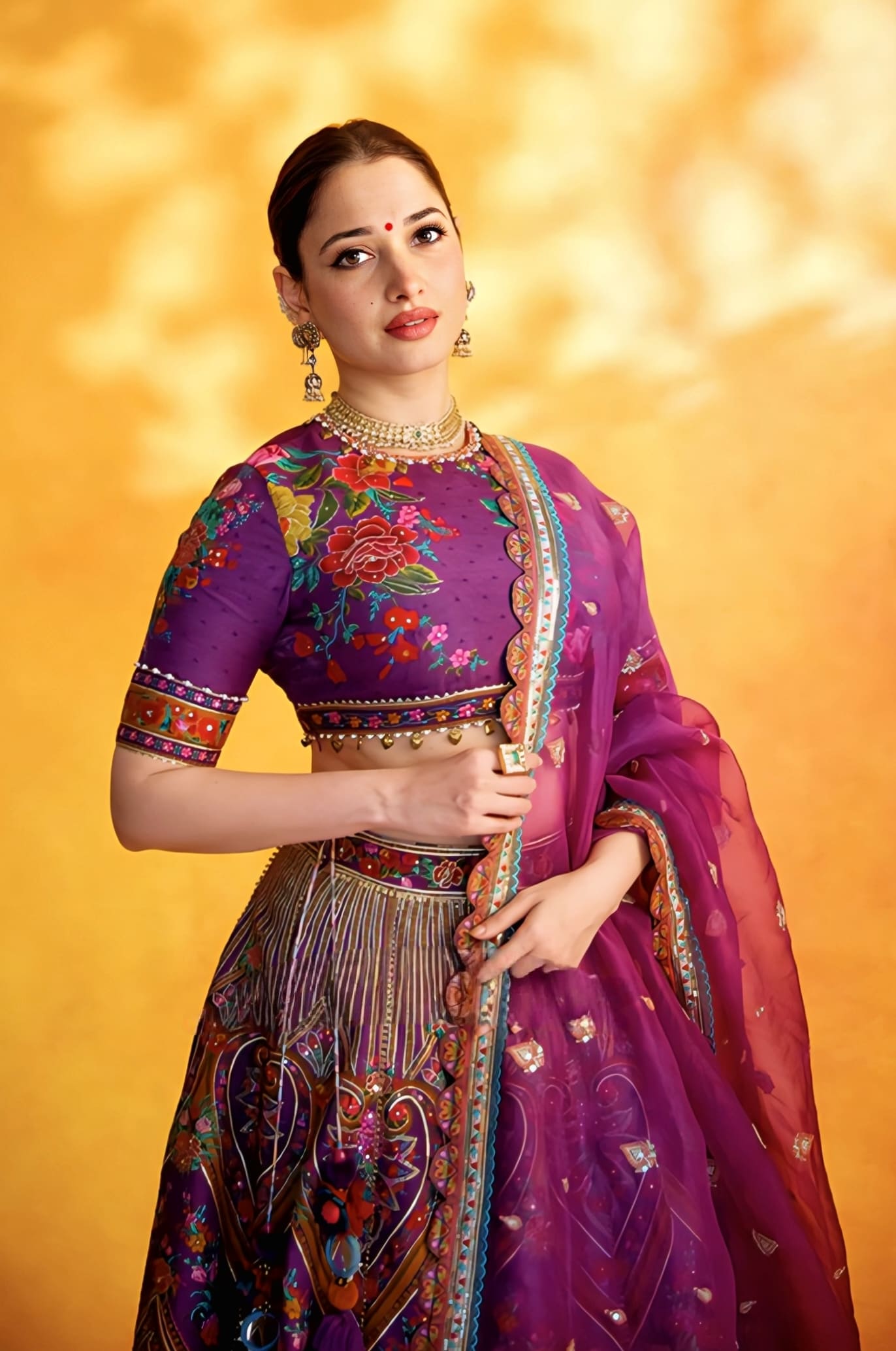 Tamannaah Bhatia inspired purple silk lehenga set with digital print silk blouse and organza dupatta for festive wear