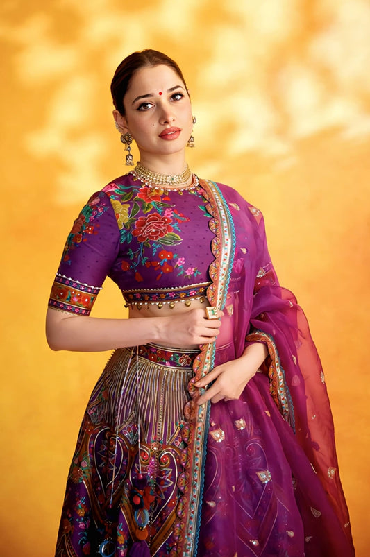 Tamannaah Bhatia inspired purple silk lehenga set with digital print silk blouse and organza dupatta for festive wear