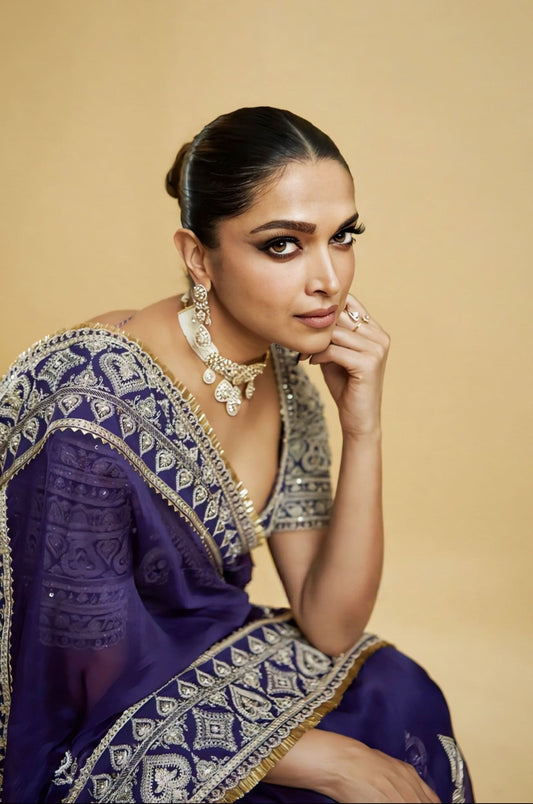 Deepika Padukone Inspired Purple Organza Embroidered Saree Set | Hukum Ki Raani Designer Outfit