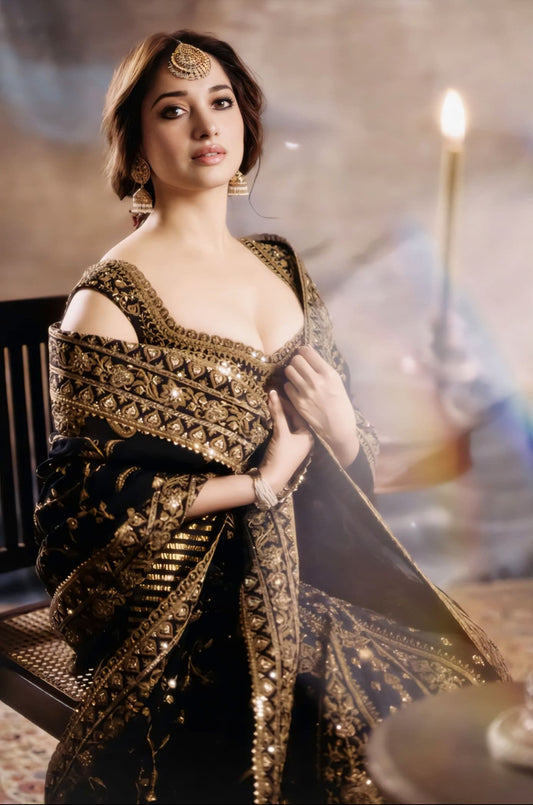 Tamannaah Bhatia Inspired Black Embroidered Silk Lehenga Set | Bhadra Raani Designer Couture Outfit