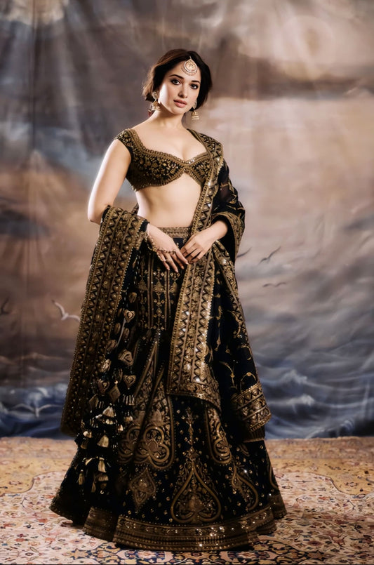 Tamannaah Bhatia inspired black silk lehenga set with embroidery and organza dupatta for reception and evening wear