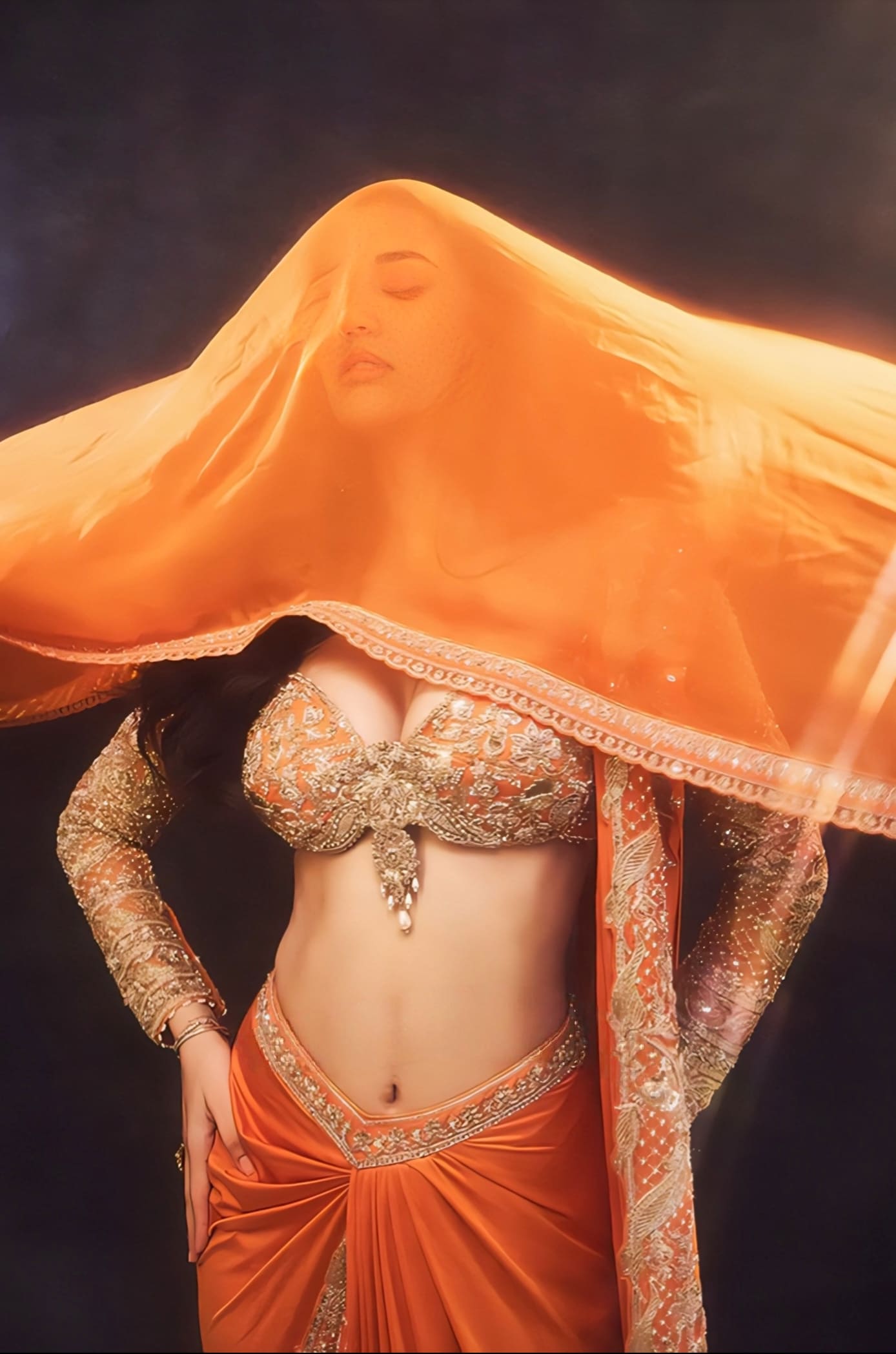 Disha Patani Inspired Orange Embroidered Lycra Saree Set | Santree Ruhaani Designer Party Wear Saree