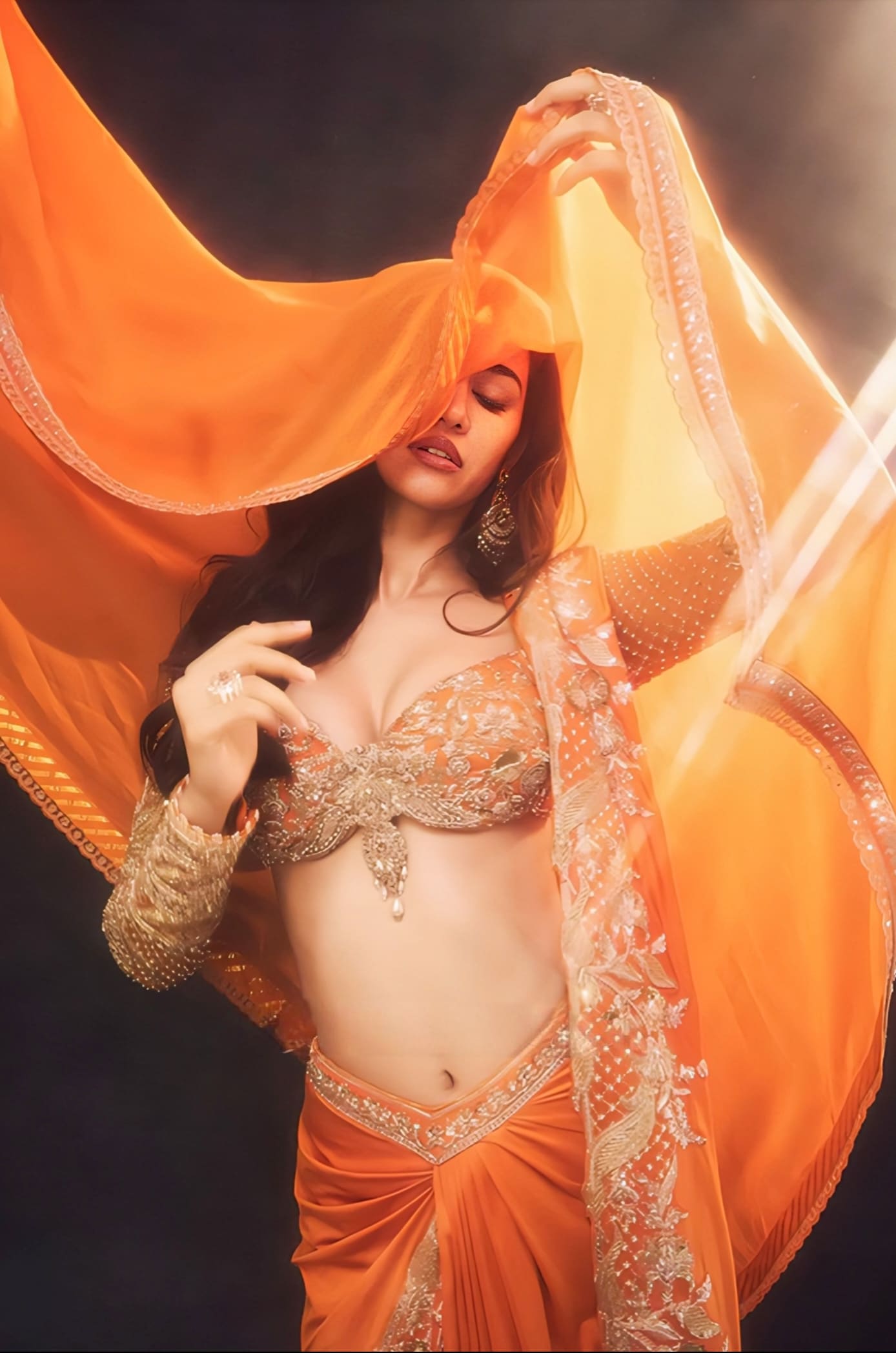 Disha Patani Inspired Orange Embroidered Lycra Saree Set | Santree Ruhaani Designer Party Wear Saree