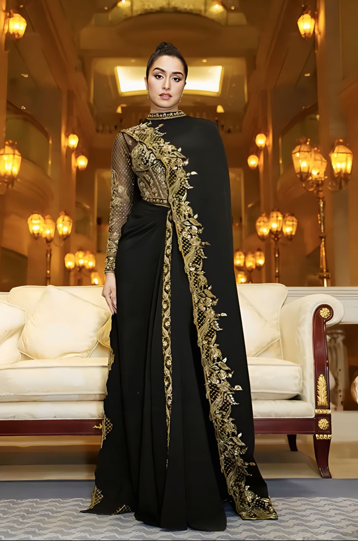 Shraddha Kapoor Inspired Black Embroidered Corset Dress with Cape | Siyaahi Aadhira Designer Couture Set