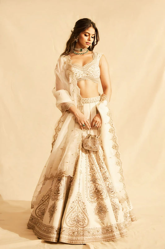 Suhana Khan inspired ivory silk lehenga set with hand embroidery and organza dupatta for bridal wear