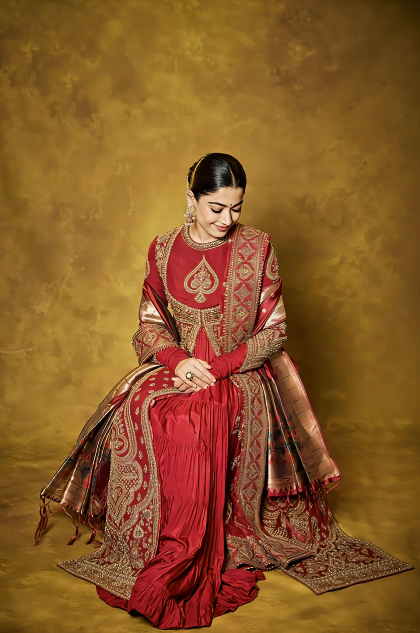 Rashmika Mandanna Inspired Red Embroidered Silk Jacket Set | Shamse Arshi Designer Outfit
