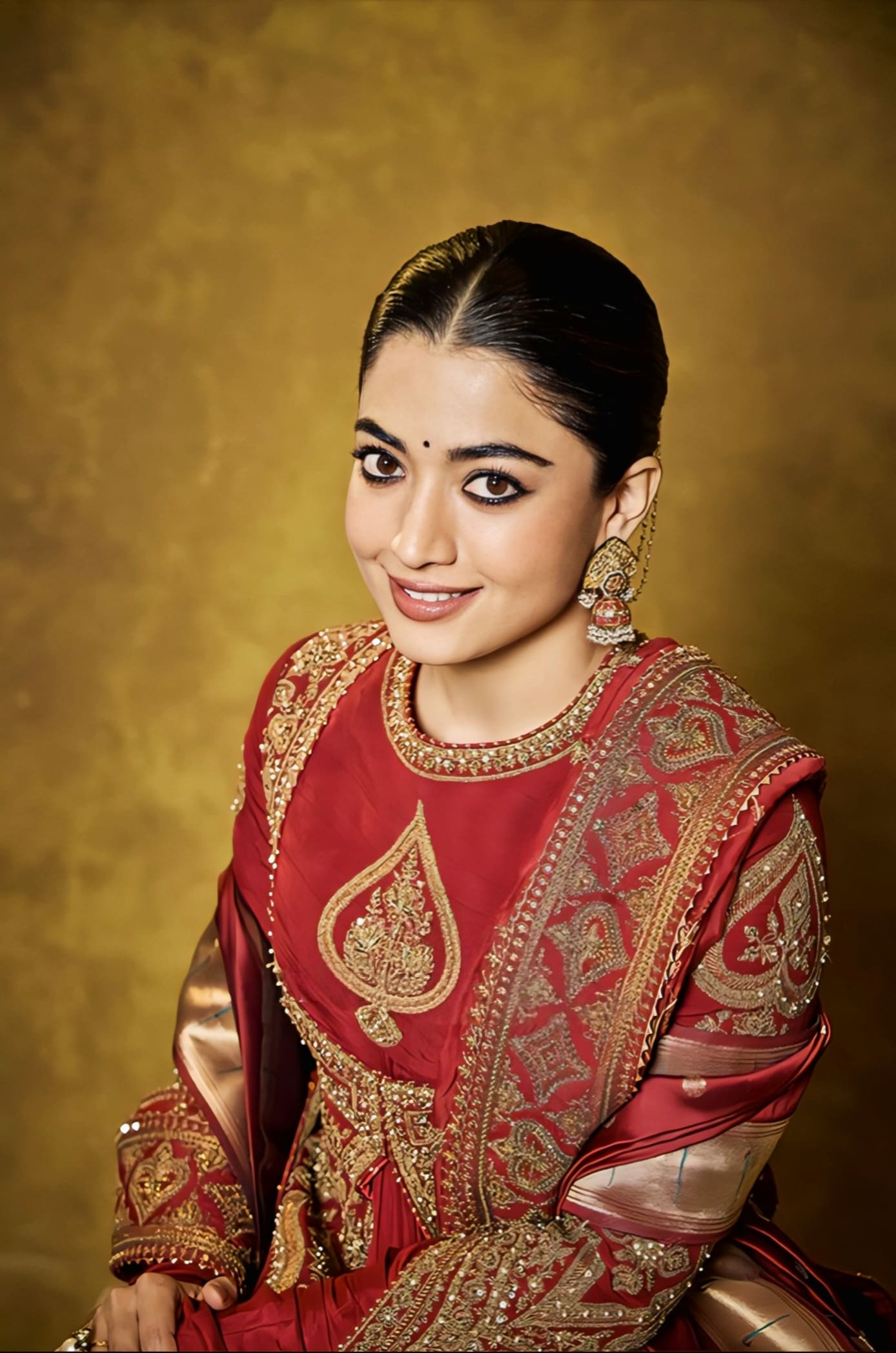 Rashmika Mandanna Inspired Red Embroidered Silk Jacket Set | Shamse Arshi Designer Outfit