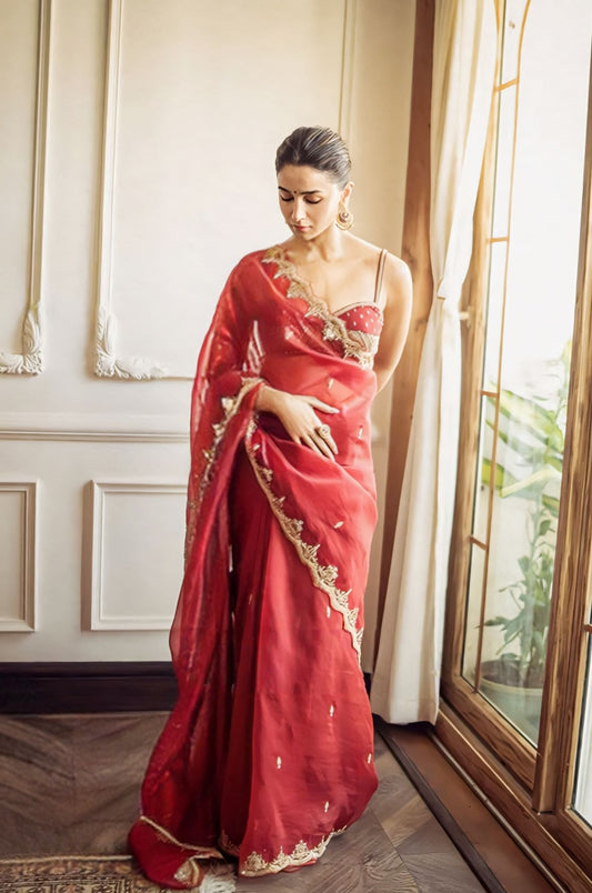 Alia Bhatt inspired red silk organza saree set with embroidery and hand adda work with silk blouse for bridal wear