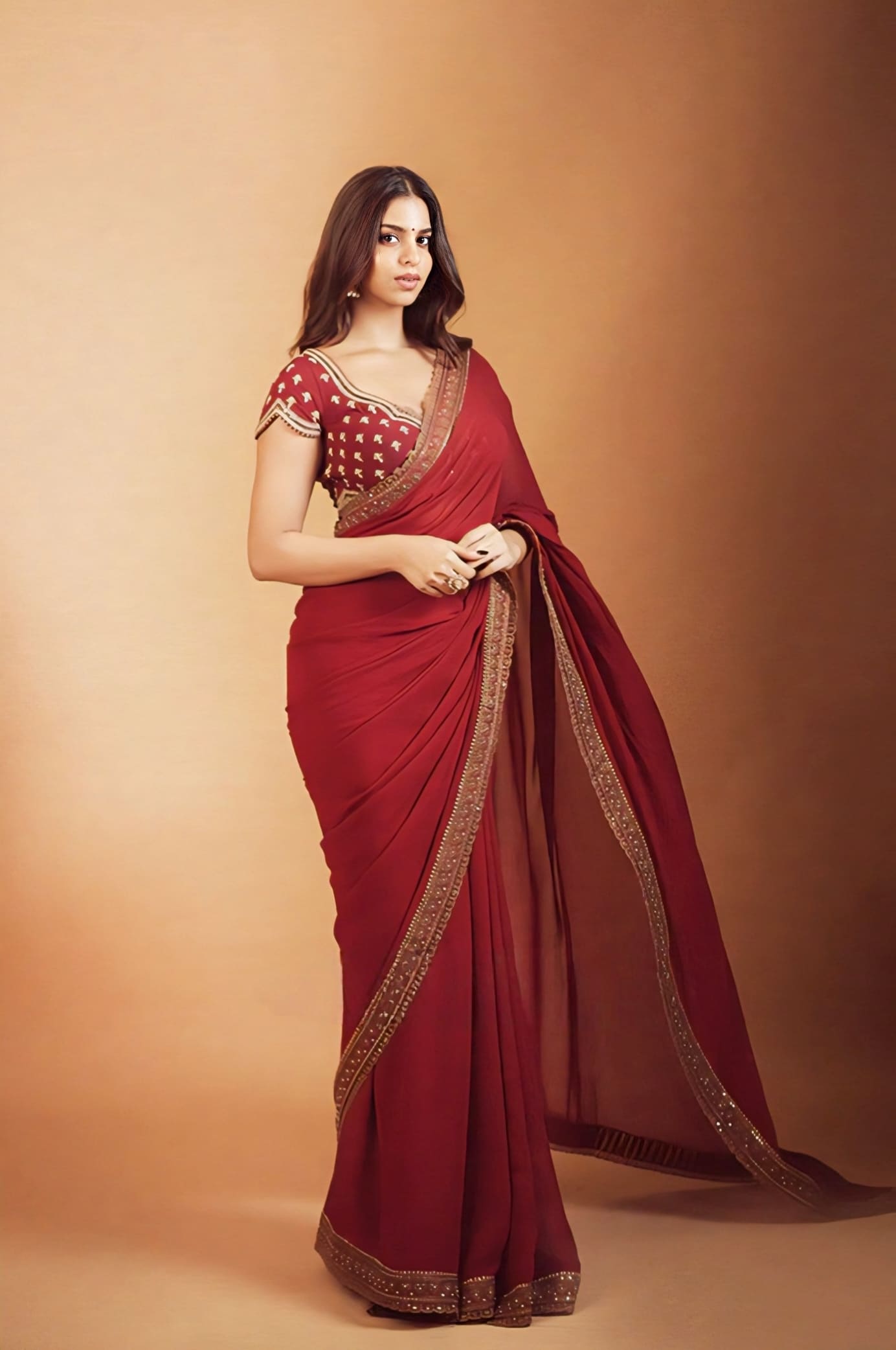 Suhana Khan inspired red georgette saree set with embroidered detailing silk blouse and satin lycra underskirt for wedding wear