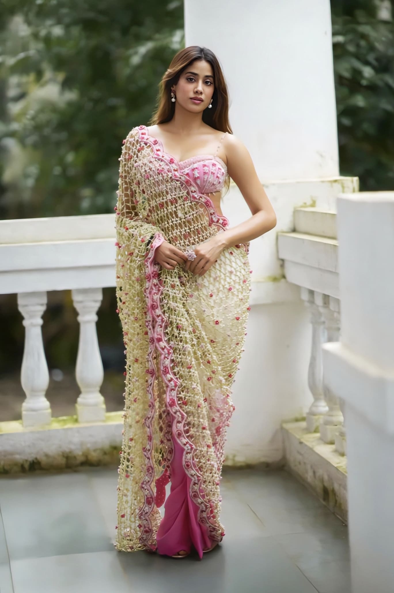 Janhvi Kapoor inspired ombre pink silk saree set with wax flower detailing and embroidery for festive and wedding wear