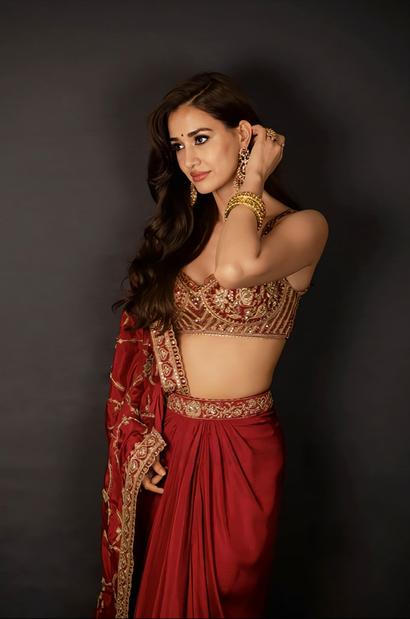 Disha Patani Inspired Red Embroidered Georgette & Organza Saree Set | Surkh Lasya Designer Outfit