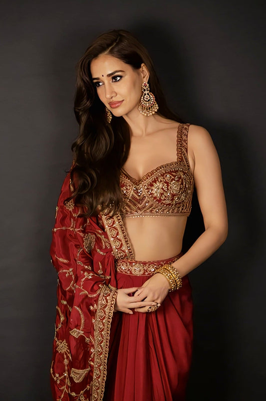 Disha Patani inspired red georgette and organza saree set with embroidered detailing silk blouse and satin lycra underskirt