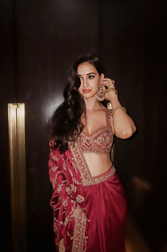 Disha Patani Inspired Red Embroidered Georgette & Organza Saree Set | Surkh Lasya Designer Outfit