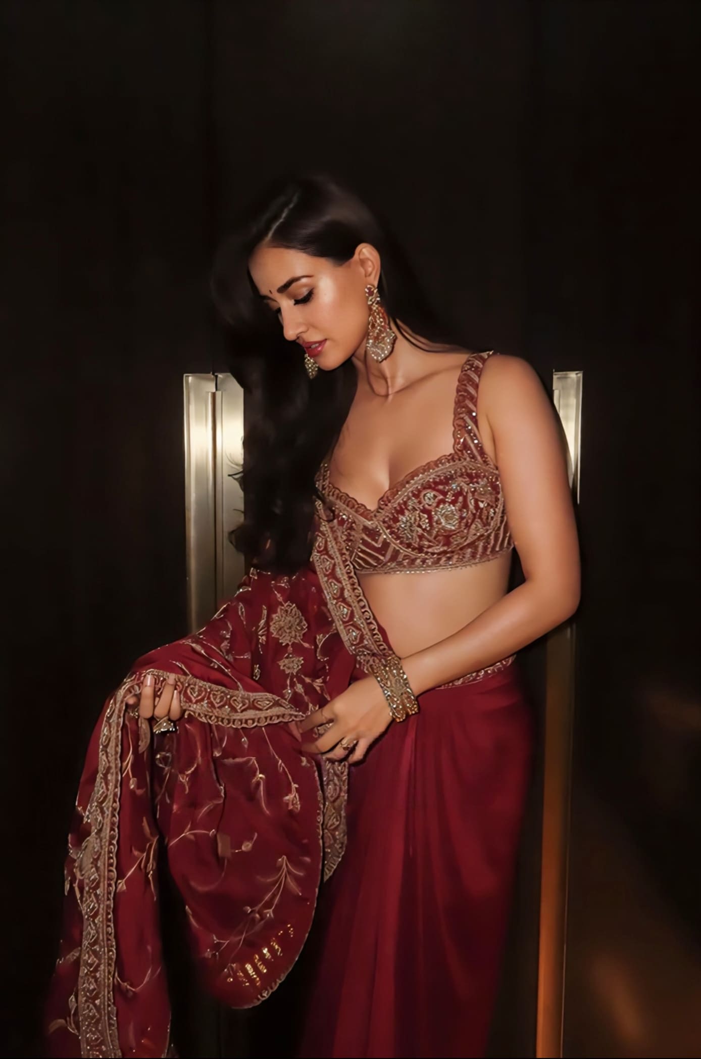 Disha Patani Inspired Red Embroidered Georgette & Organza Saree Set | Surkh Lasya Designer Outfit