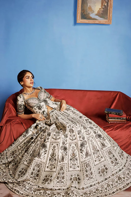 Bhumi Pednekar inspired black and ivory Kalamkari print silk lehenga set with tassel detailing and organza dupatta