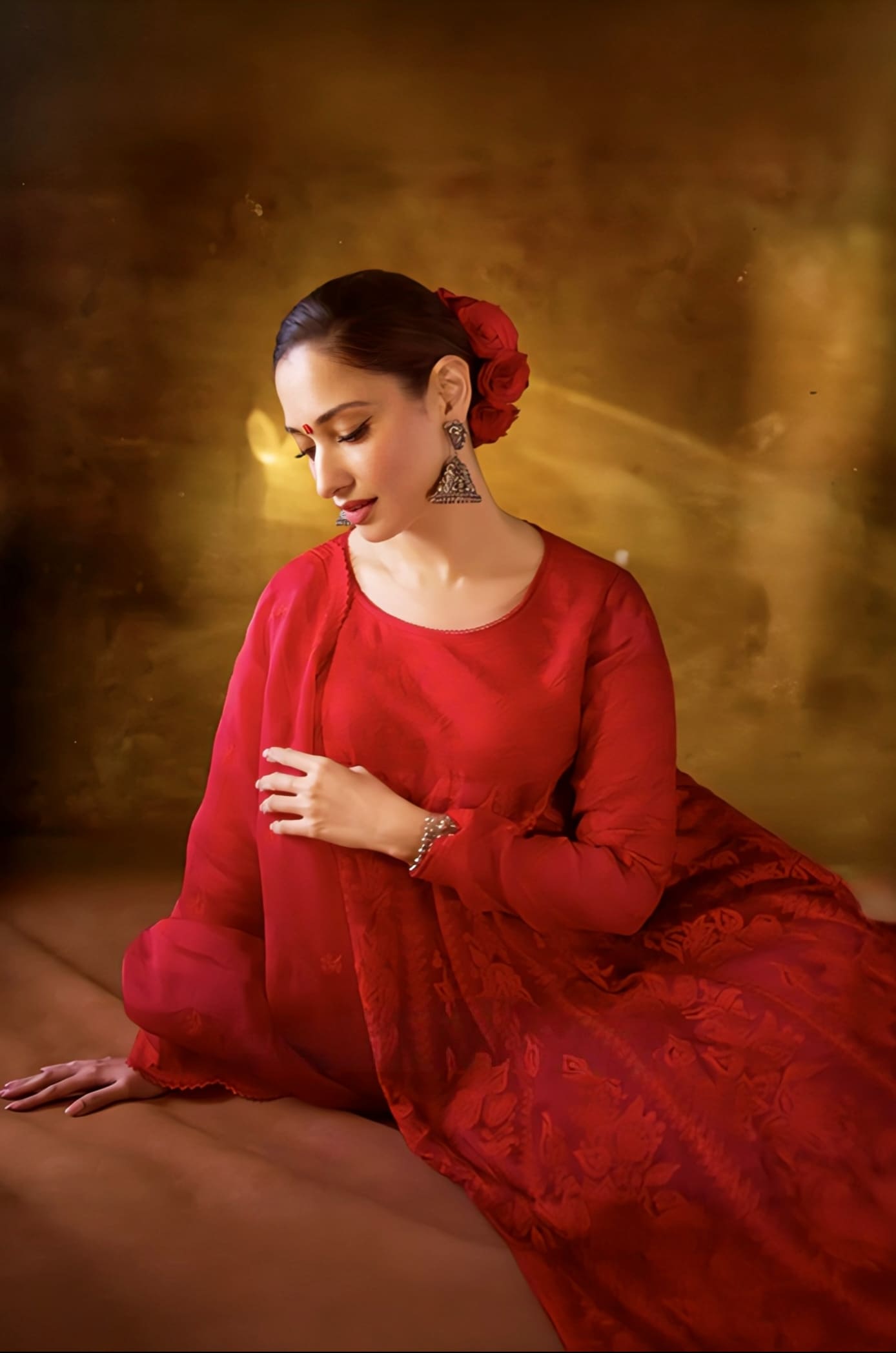 Tamannaah Bhatia Inspired Red Aari Embroidered Organza Anarkali Sharara Set | Dil Surkh Kiran Designer Outfit