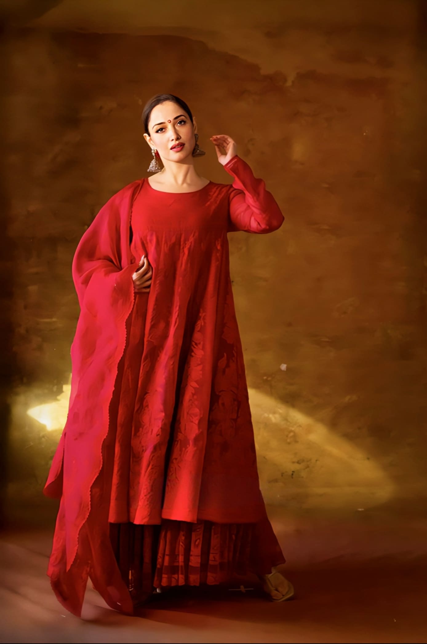 Tamannaah Bhatia inspired red organza Anarkali sharara set with Aari embroidery and butterfly net sharara for wedding wear