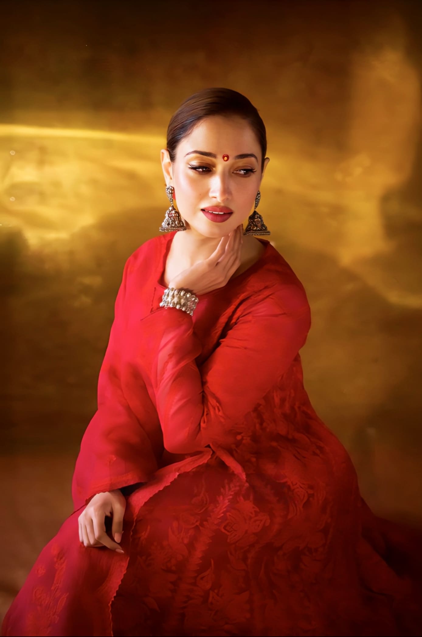 Tamannaah Bhatia Inspired Red Aari Embroidered Organza Anarkali Sharara Set | Dil Surkh Kiran Designer Outfit