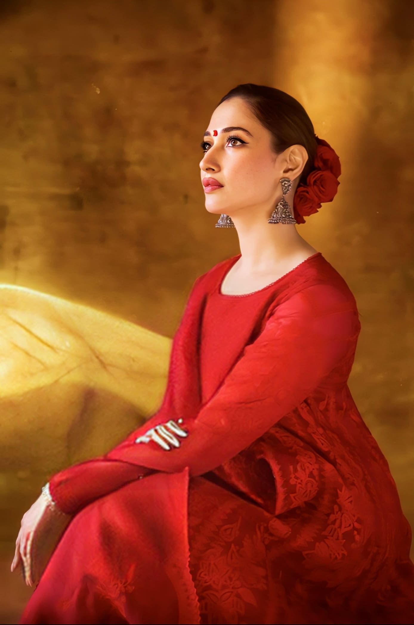 Tamannaah Bhatia Inspired Red Aari Embroidered Organza Anarkali Sharara Set | Dil Surkh Kiran Designer Outfit