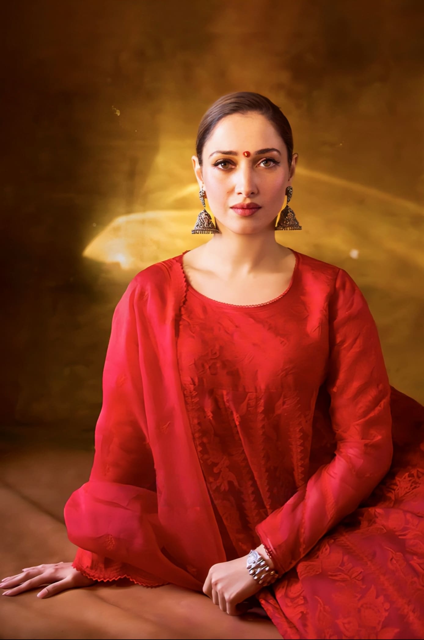 Tamannaah Bhatia Inspired Red Aari Embroidered Organza Anarkali Sharara Set | Dil Surkh Kiran Designer Outfit