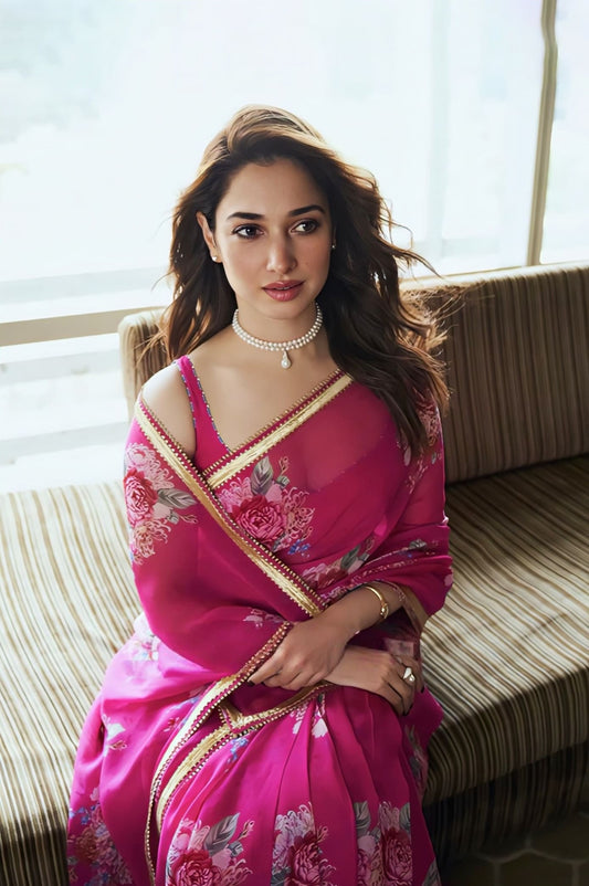 Tamannaah Bhatia Inspired Pink Organza Digital Print Saree Set | Rani Harini Designer Outfit