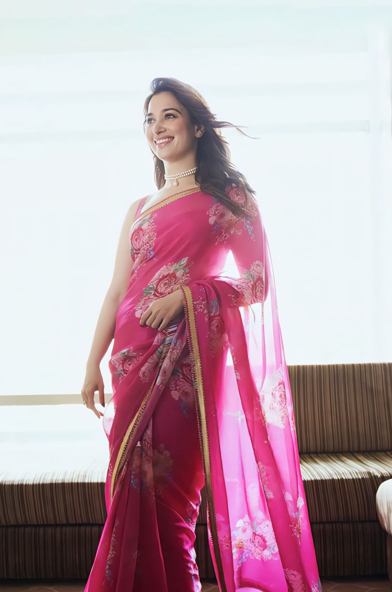 Tamannaah Bhatia Inspired Pink Organza Digital Print Saree Set | Rani Harini Designer Outfit