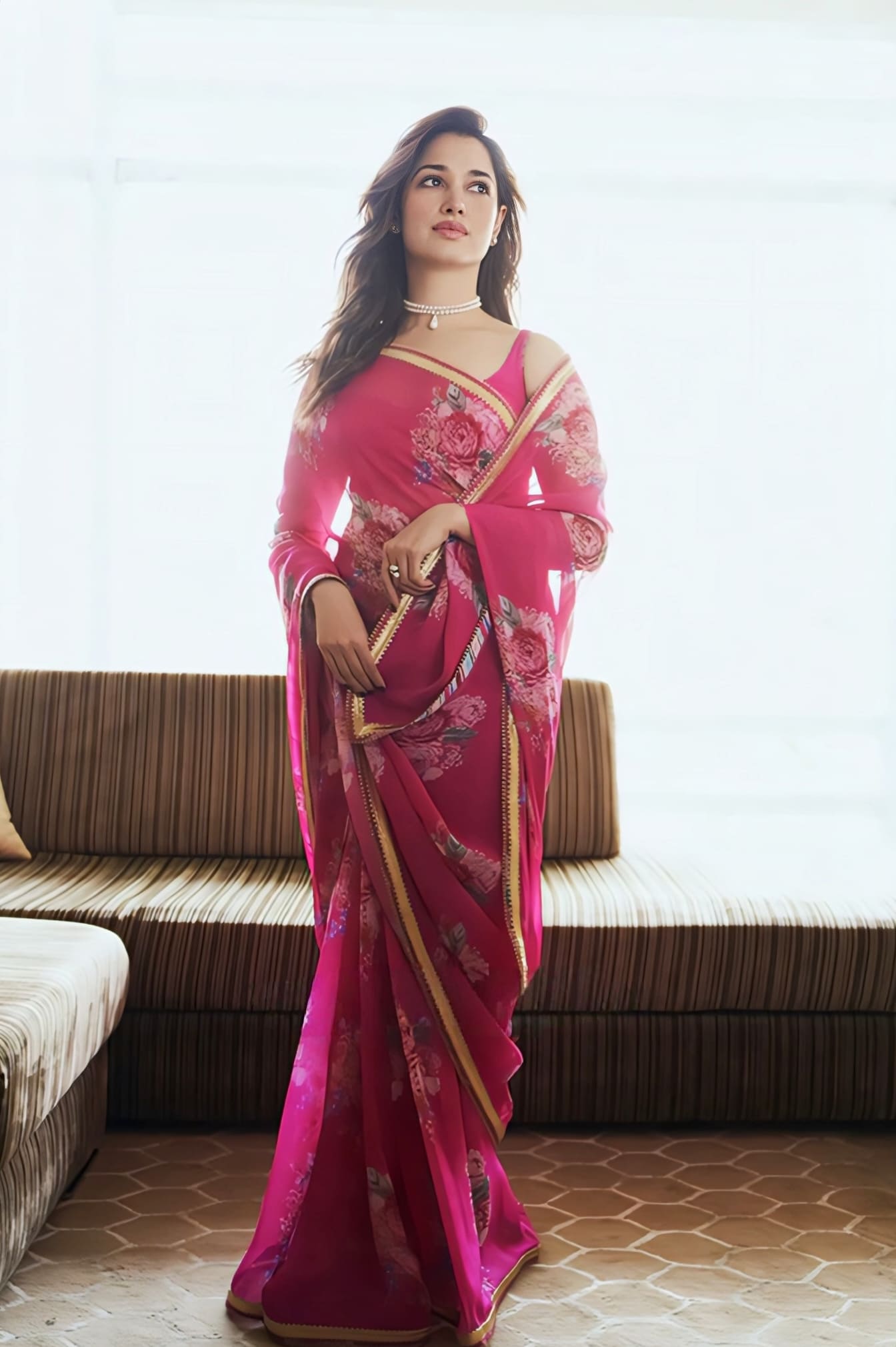 Tamannaah Bhatia inspired pink organza saree set with digital print silk blouse and satin lycra underskirt for festive wear