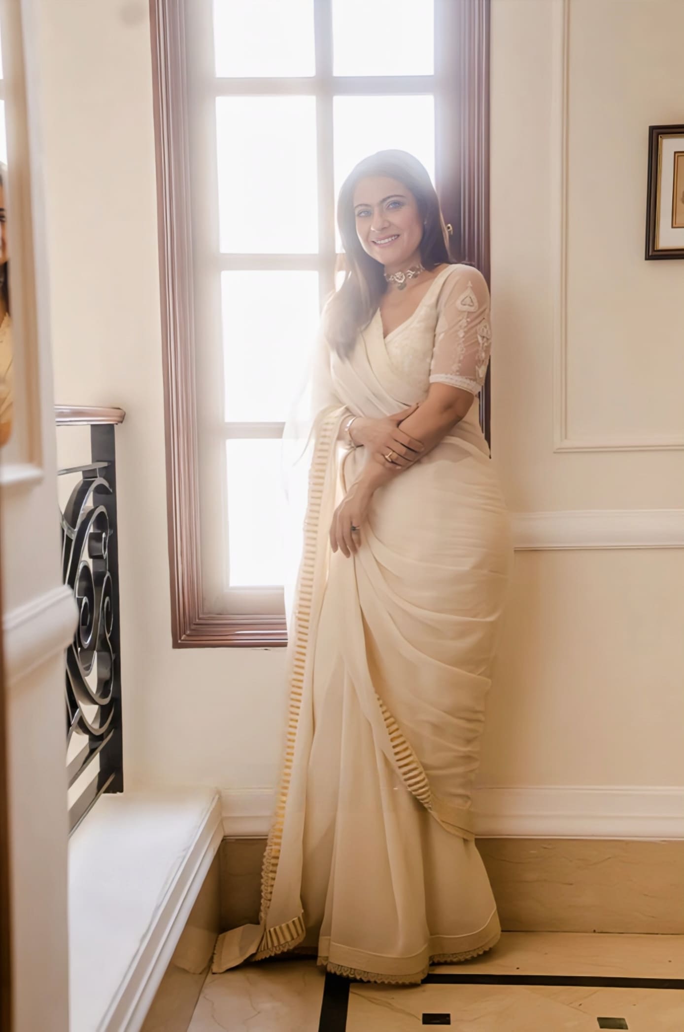 Kajol inspired ivory georgette saree set with hand embroidery butterfly net blouse and satin lycra underskirt for elegant wear