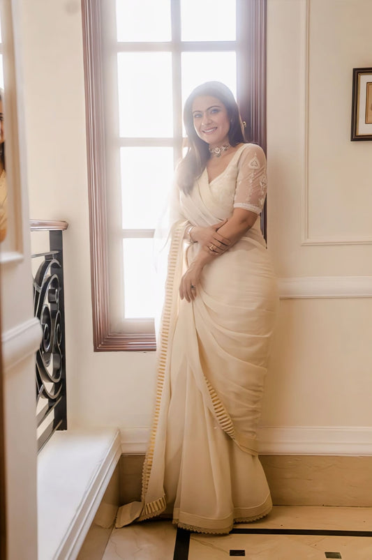 Kajol inspired ivory georgette saree set with hand embroidery butterfly net blouse and satin lycra underskirt for elegant wear