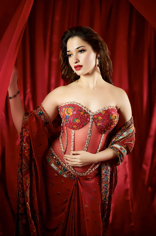 Tamannaah Bhatia Inspired Red Corset Saree Set in Silk Crepe | Dil Surkh Ami Designer Embroidered Outfit