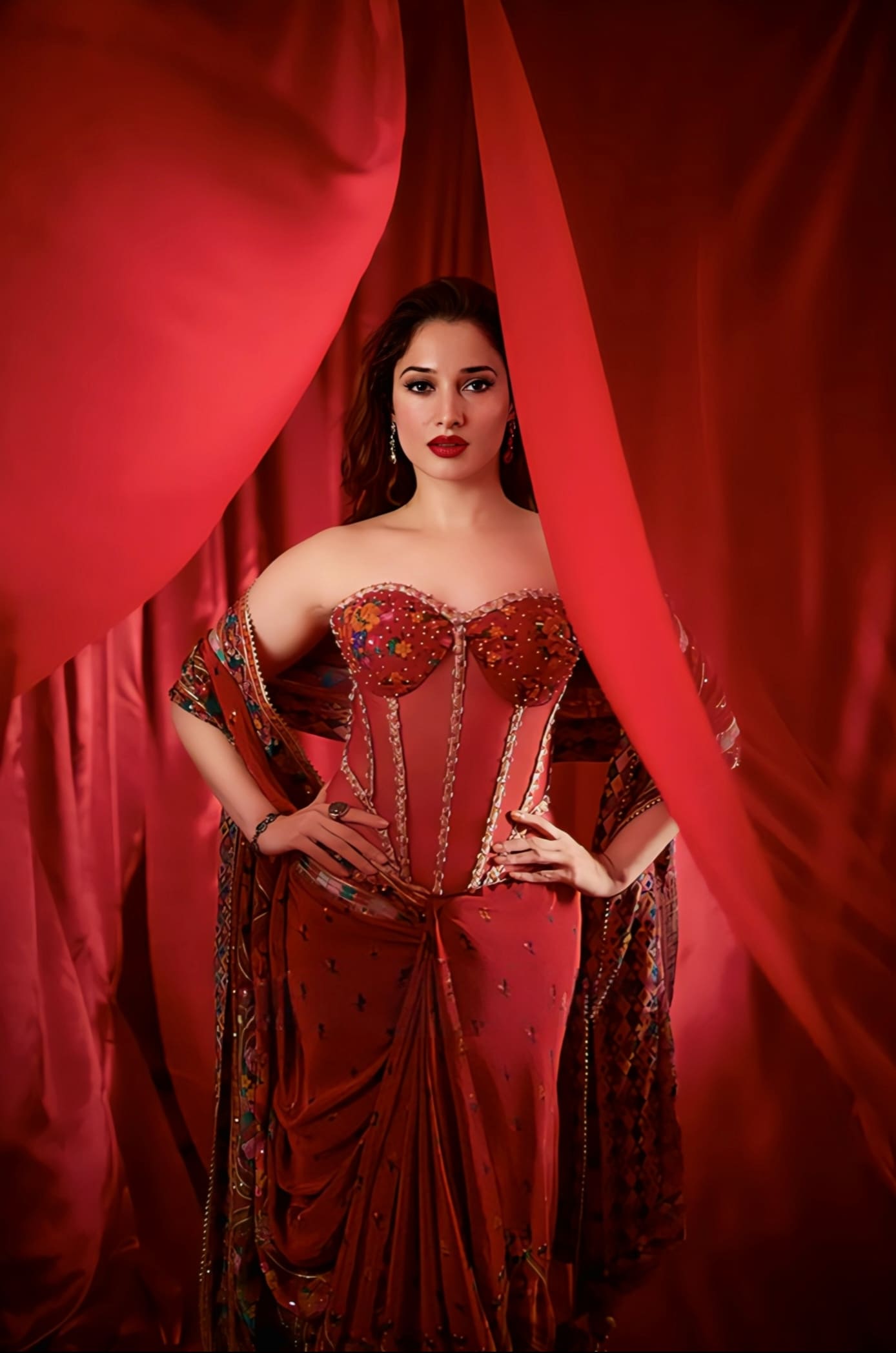 Tamannaah Bhatia inspired red silk crepe corset saree set with hand embroidery digital print and butterfly net corset