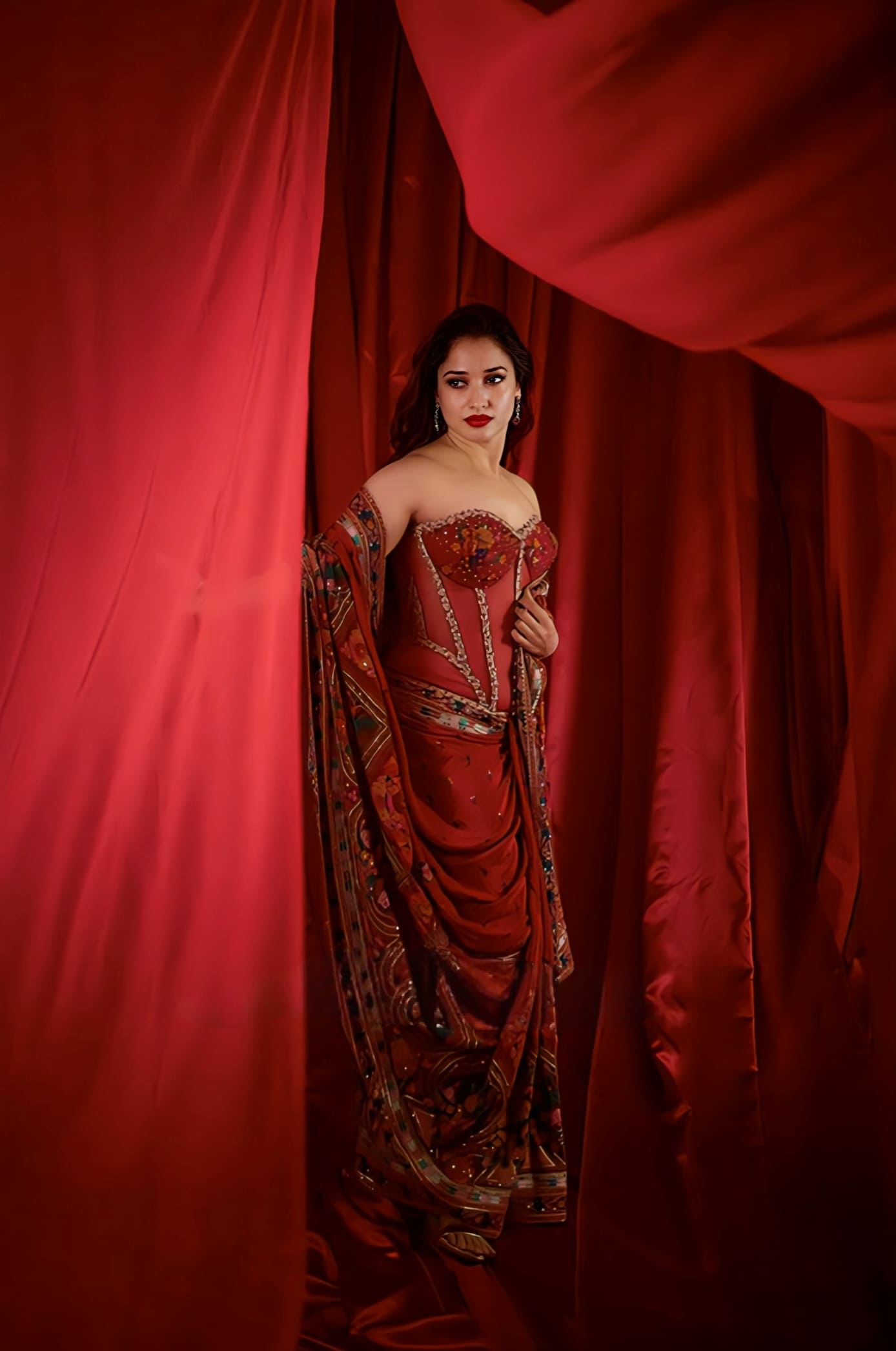Tamannaah Bhatia Inspired Red Corset Saree Set in Silk Crepe | Dil Surkh Ami Designer Embroidered Outfit