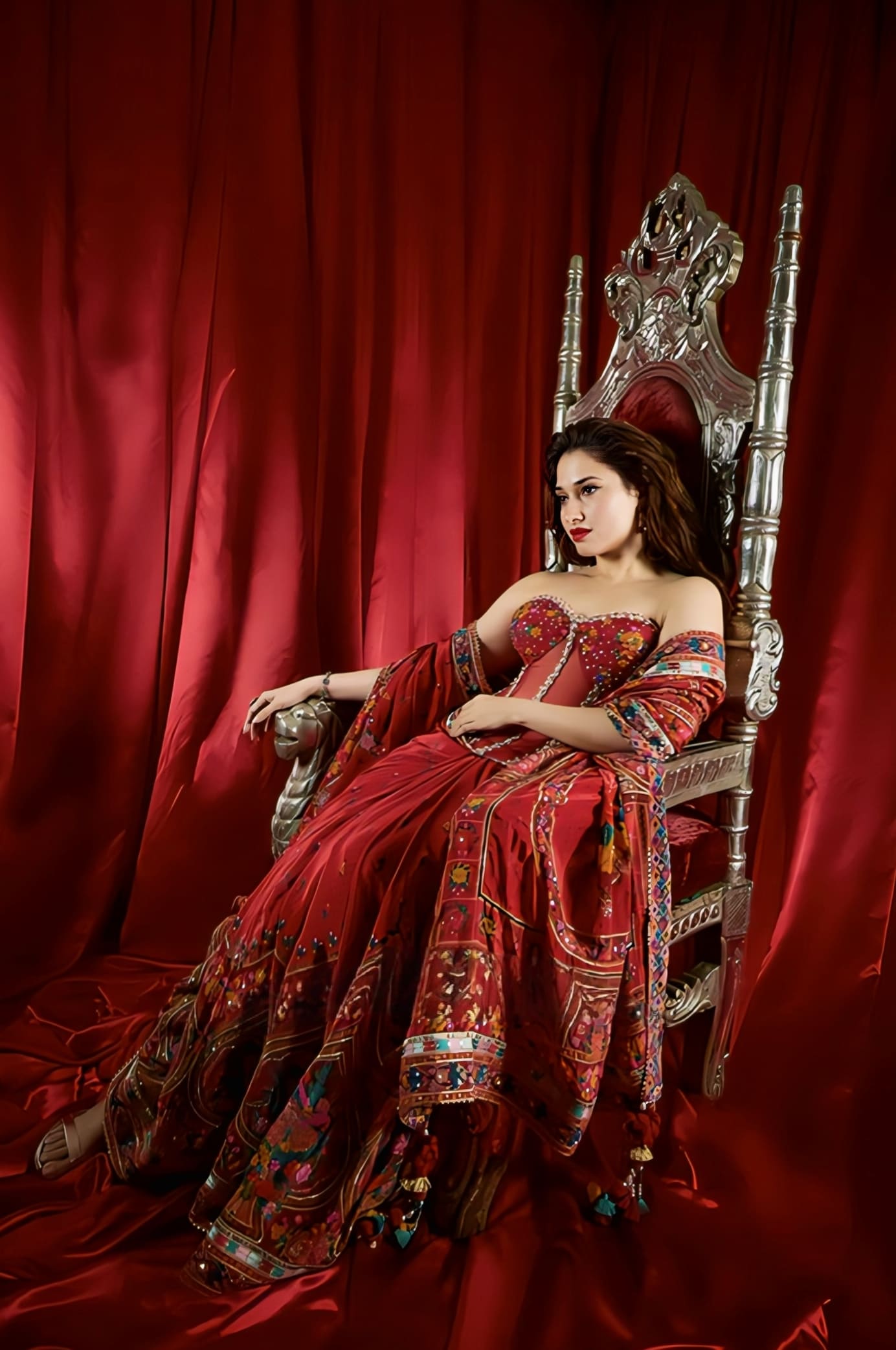 Tamannaah Bhatia Inspired Red Corset Saree Set in Silk Crepe | Dil Surkh Ami Designer Embroidered Outfit