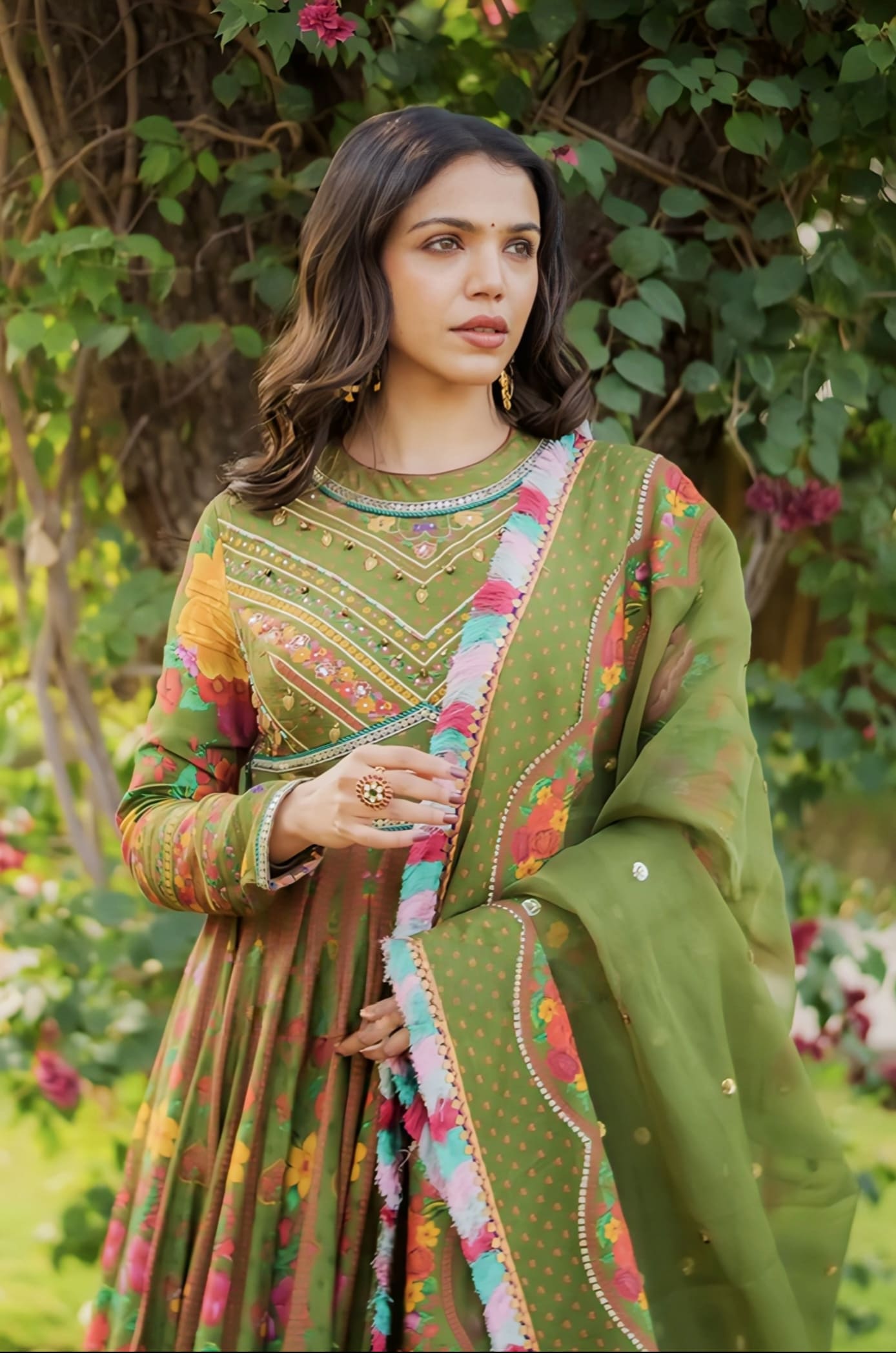 Shriya Pilgaonkar Inspired Green Digital Print Silk Anarkali Set | Dil Saaz Zareen Designer Outfit
