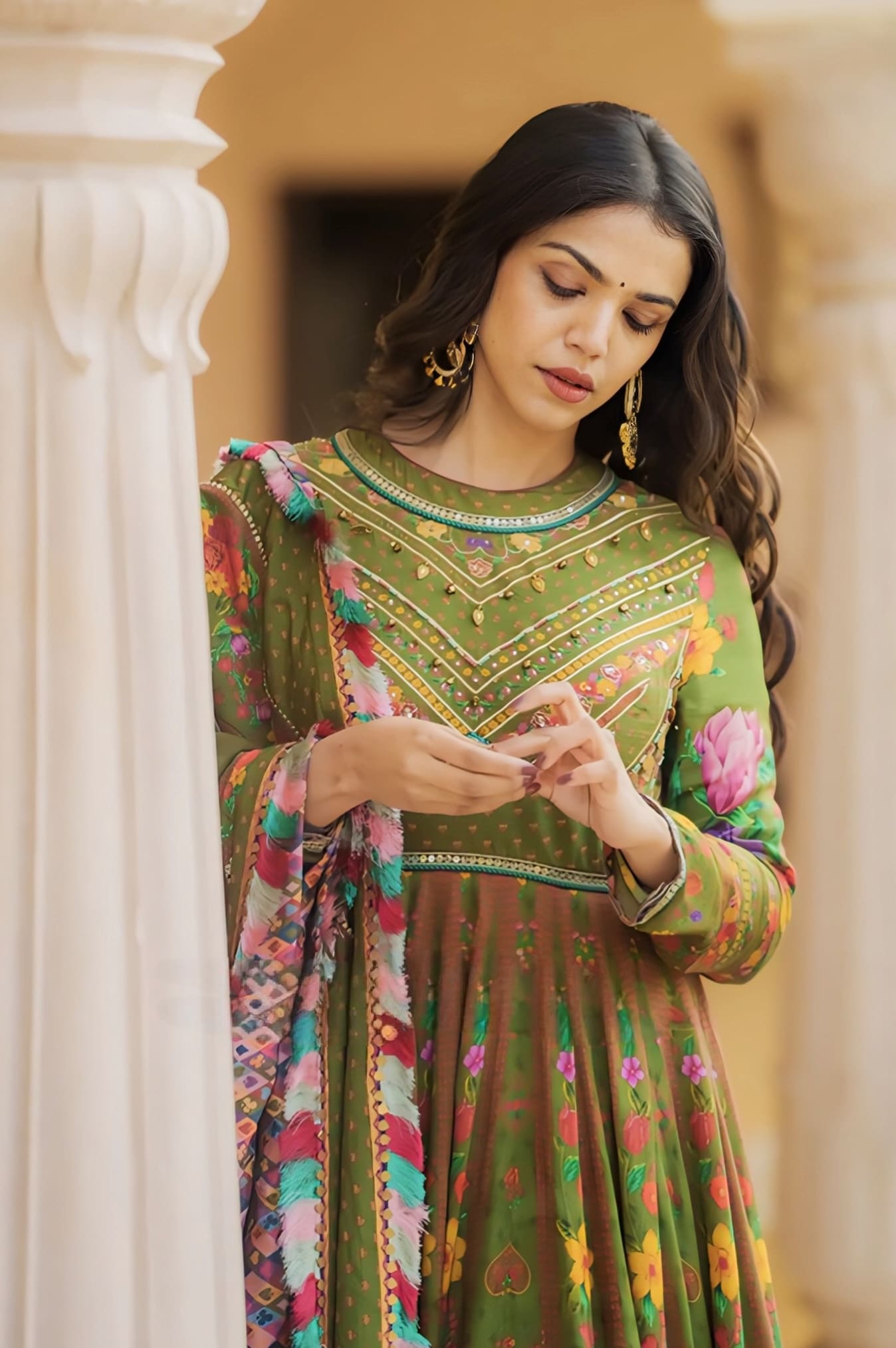 Shriya Pilgaonkar inspired green silk Anarkali set with digital print and hand sequin work and organza dupatta