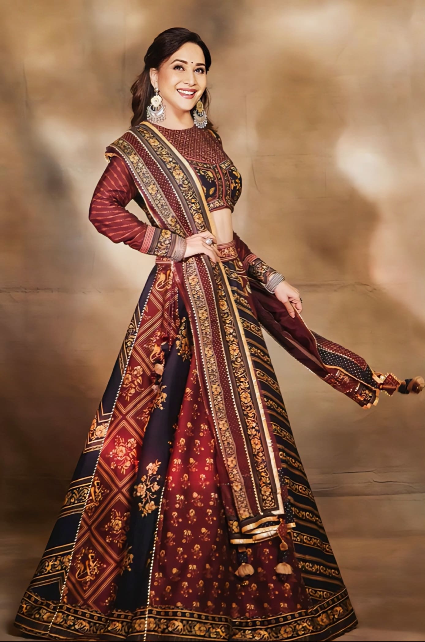 Madhuri Dixit inspired red and black silk lehenga set with digital print and organza dupatta for festive wear