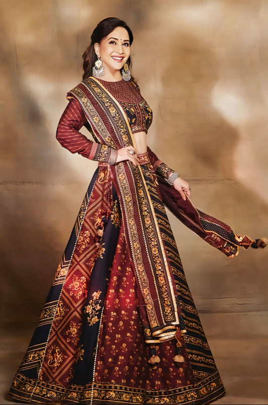 Madhuri Dixit inspired red and black silk lehenga set with digital print and organza dupatta for festive wear