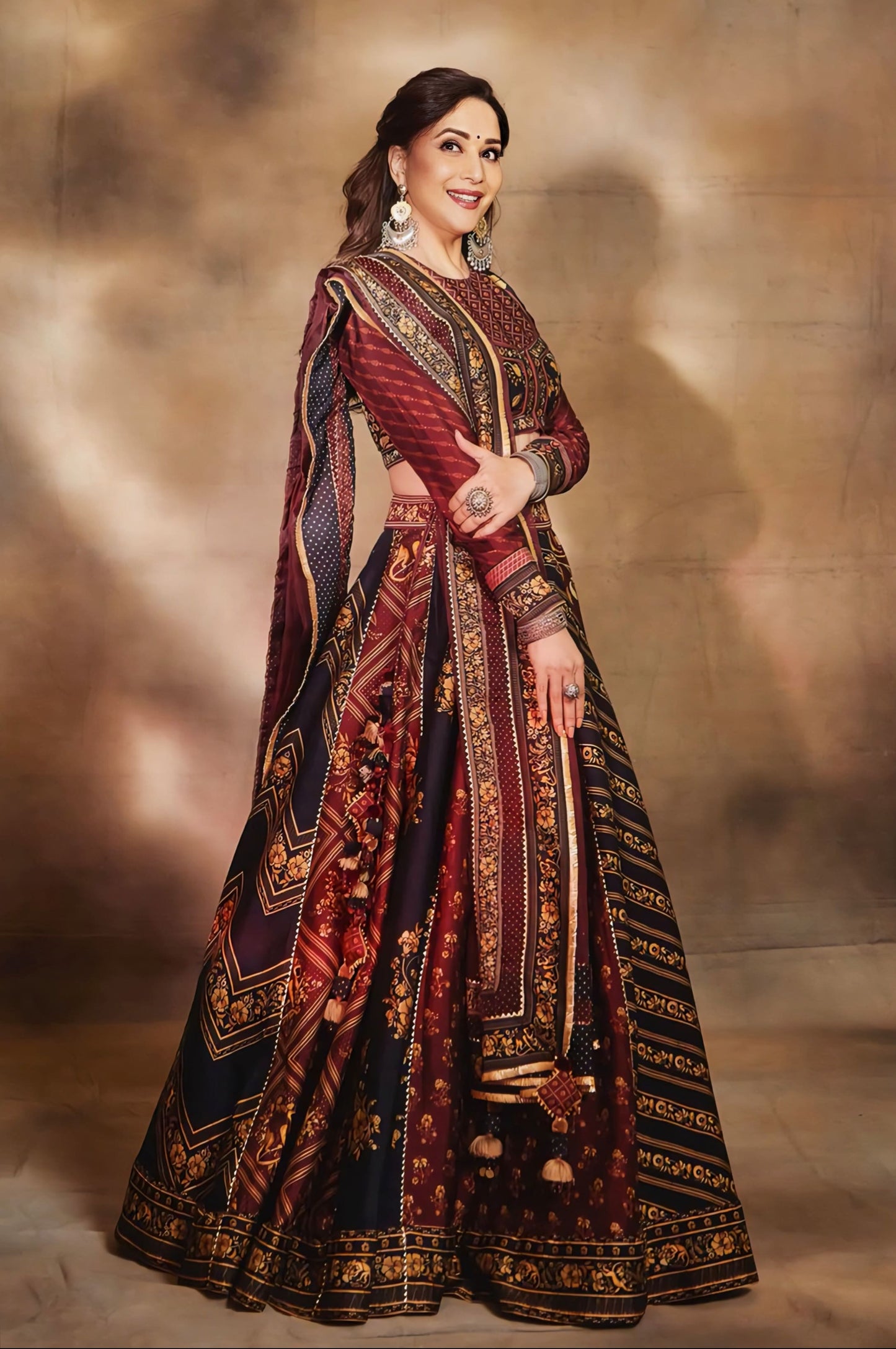 Madhuri Dixit Inspired Red & Black Digital Print Silk Lehenga Set | Gulnar Khurshid Designer Outfit
