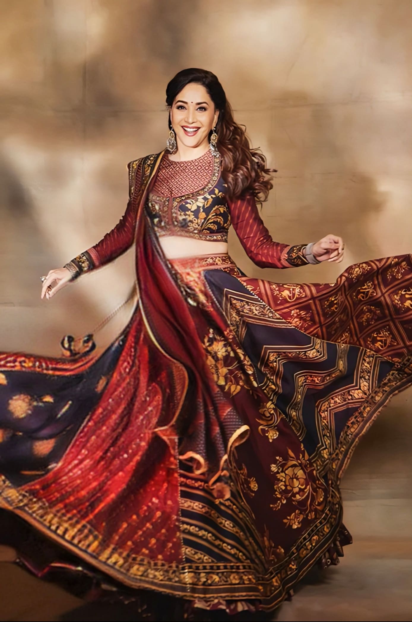 Madhuri Dixit Inspired Red & Black Digital Print Silk Lehenga Set | Gulnar Khurshid Designer Outfit