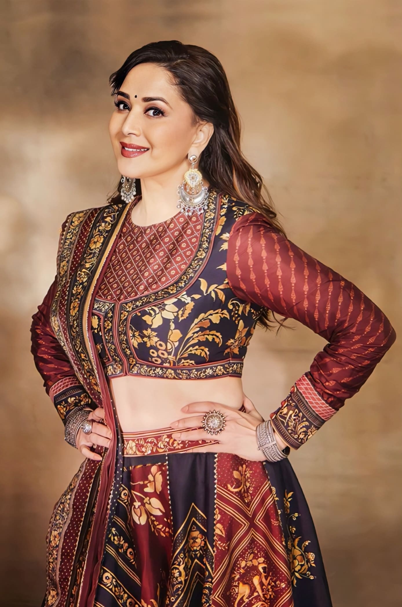 Madhuri Dixit Inspired Red & Black Digital Print Silk Lehenga Set | Gulnar Khurshid Designer Outfit