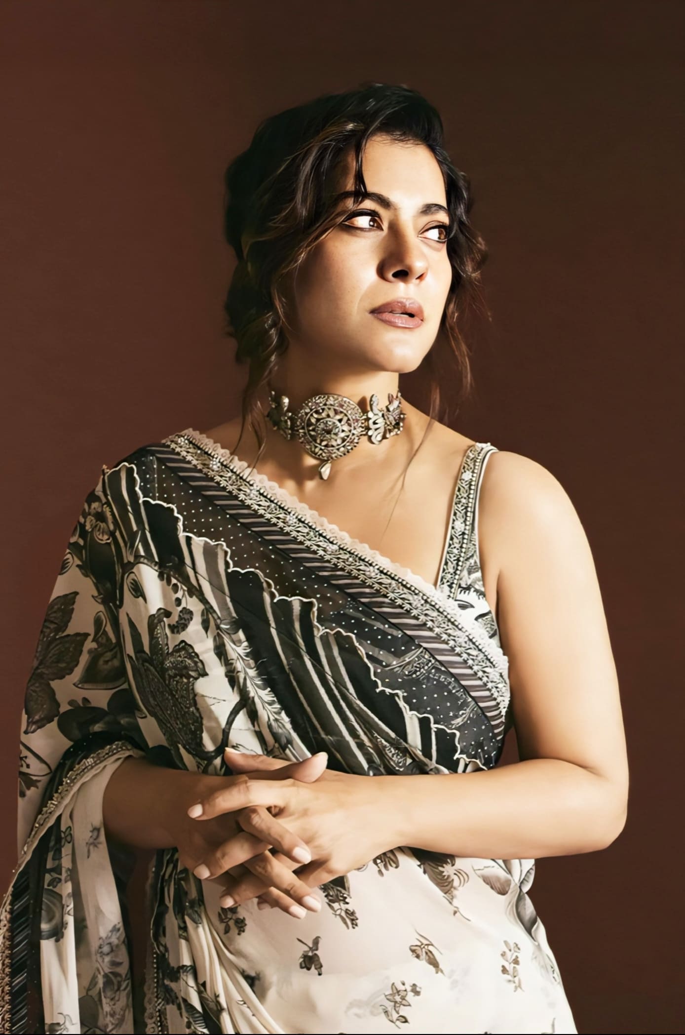 Kajol Inspired Black & Ivory Kalamkari Print Georgette Saree Set | Pravya Imara Designer Outfit