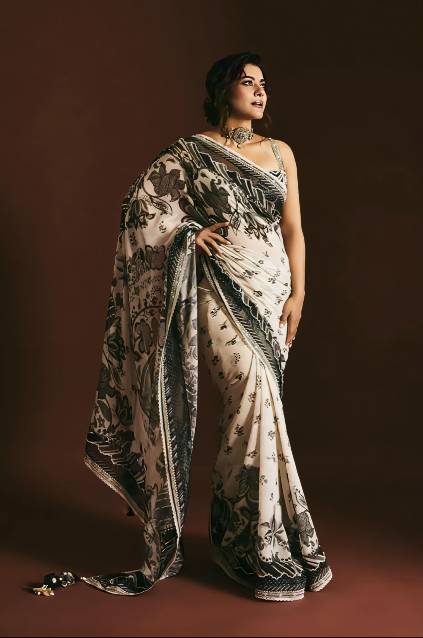 Kajol Inspired Black & Ivory Kalamkari Print Georgette Saree Set | Pravya Imara Designer Outfit