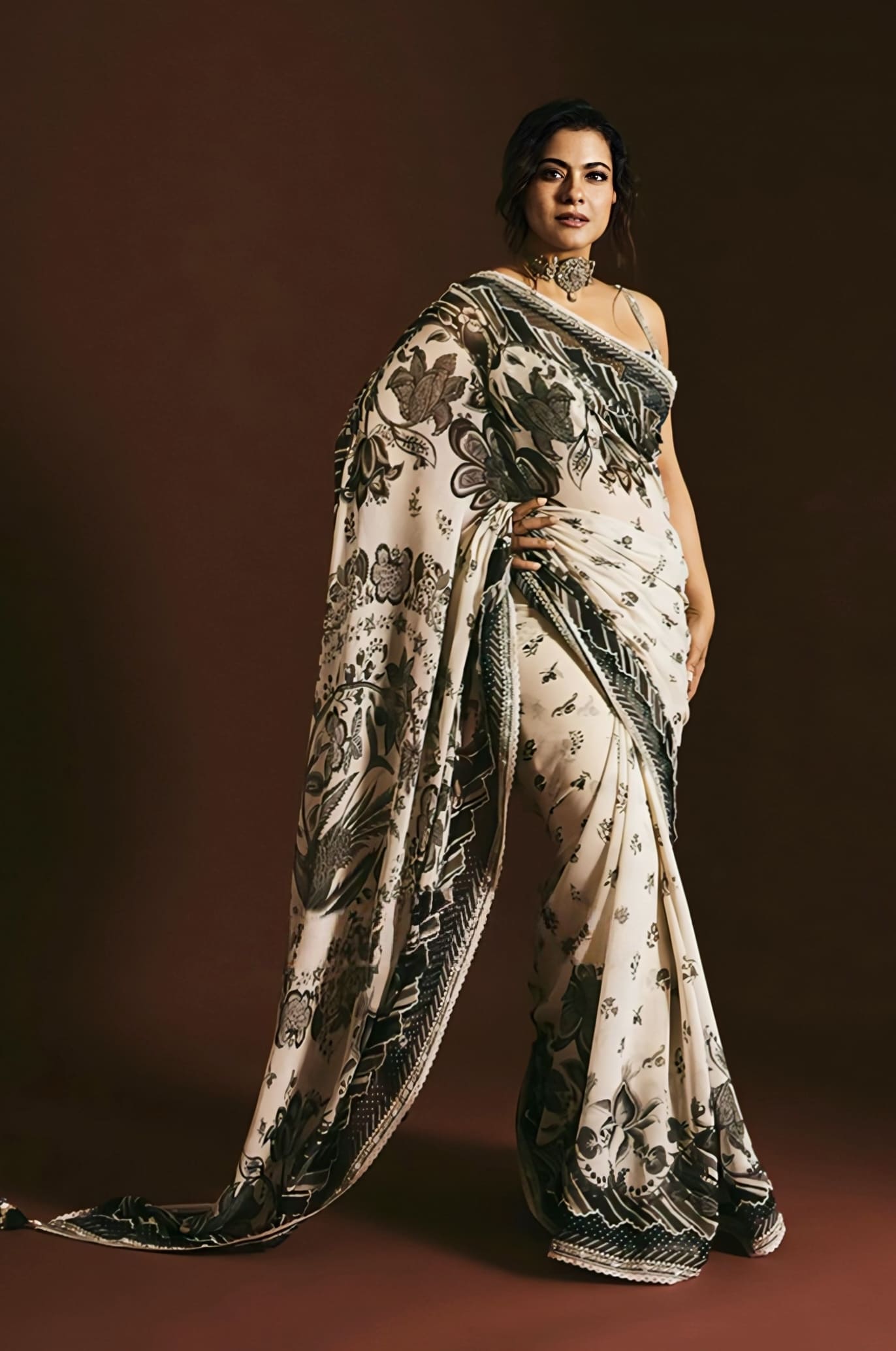 Kajol inspired black and ivory Kalamkari print georgette saree set with Chanderi bralette and satin lycra underskirt