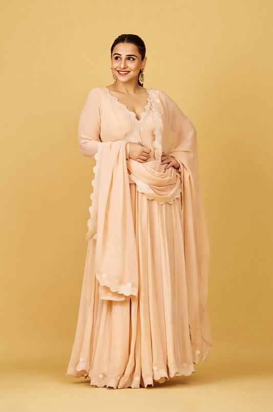 Vidya Balan inspired peach georgette Anarkali set with dori embroidery and cotton silk churidar for festive wear