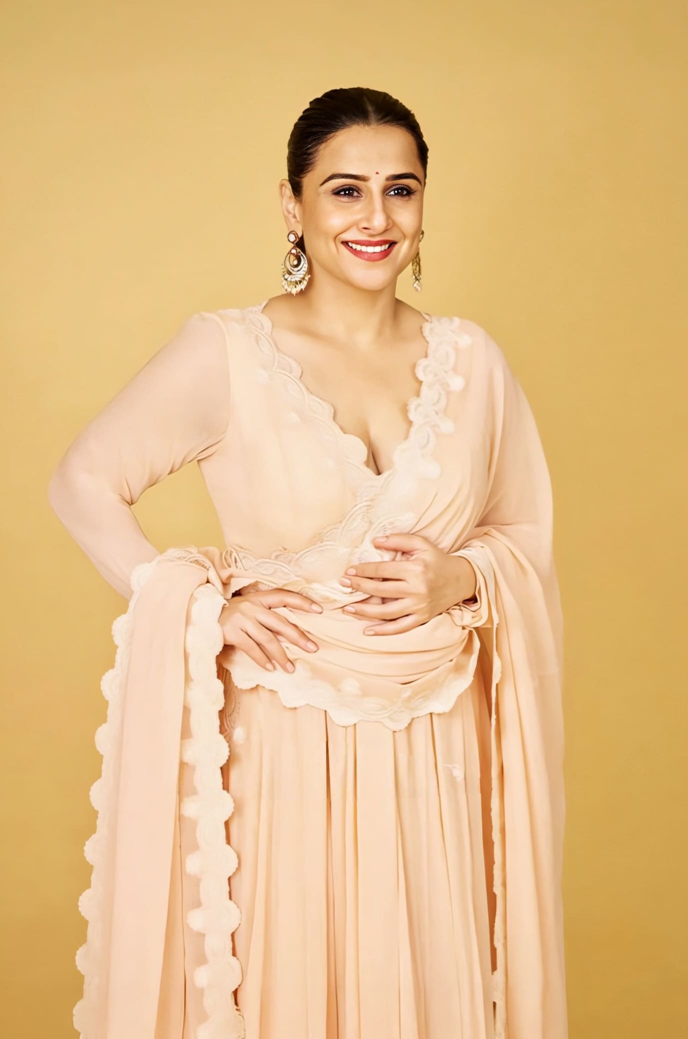 Vidya Balan Inspired Peach Dori Embroidered Georgette Anarkali Set | Gul-Mohar Prisha Designer Outfit