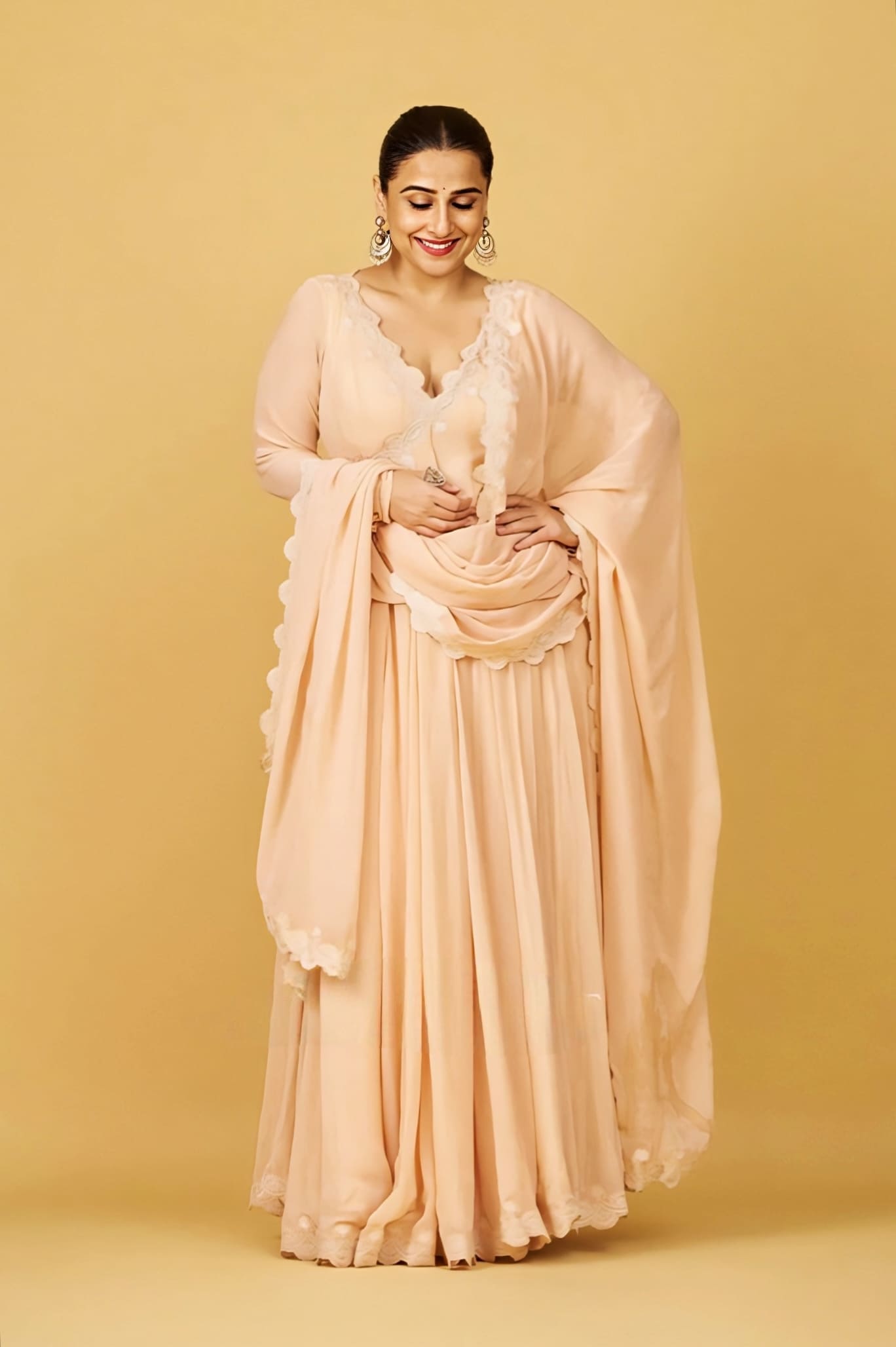 Vidya Balan Inspired Peach Dori Embroidered Georgette Anarkali Set | Gul-Mohar Prisha Designer Outfit